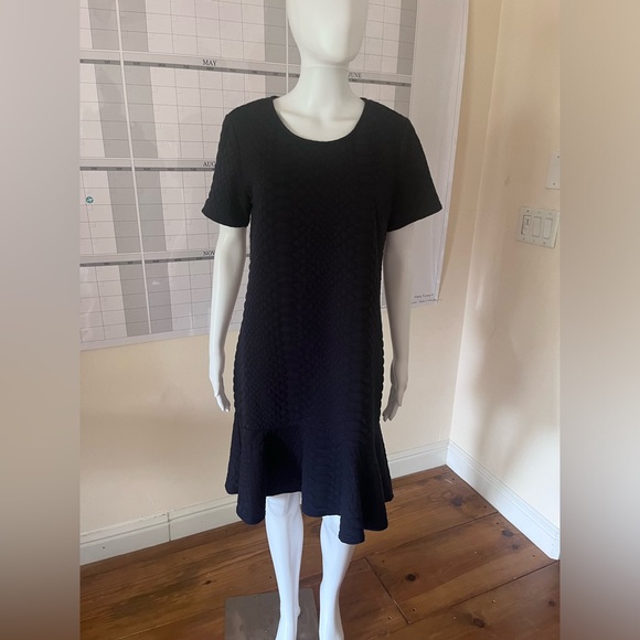 Sharagano navy blue lizard 🦎 scale puff print dress size 10 ruffle hem - Picture 8 of 8